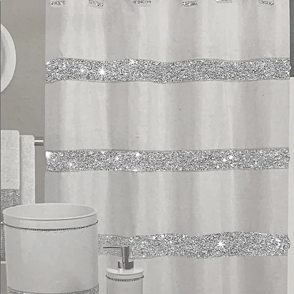 White Diamonds Shower Curtain Fabric Sparkling Rhinestones 72” x 72” White - Picture 7 of 14